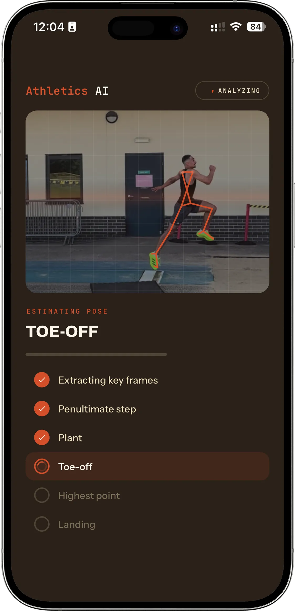 Athletics AI analysing a long jump video, with the pose skeleton drawn over the toe-off frame.