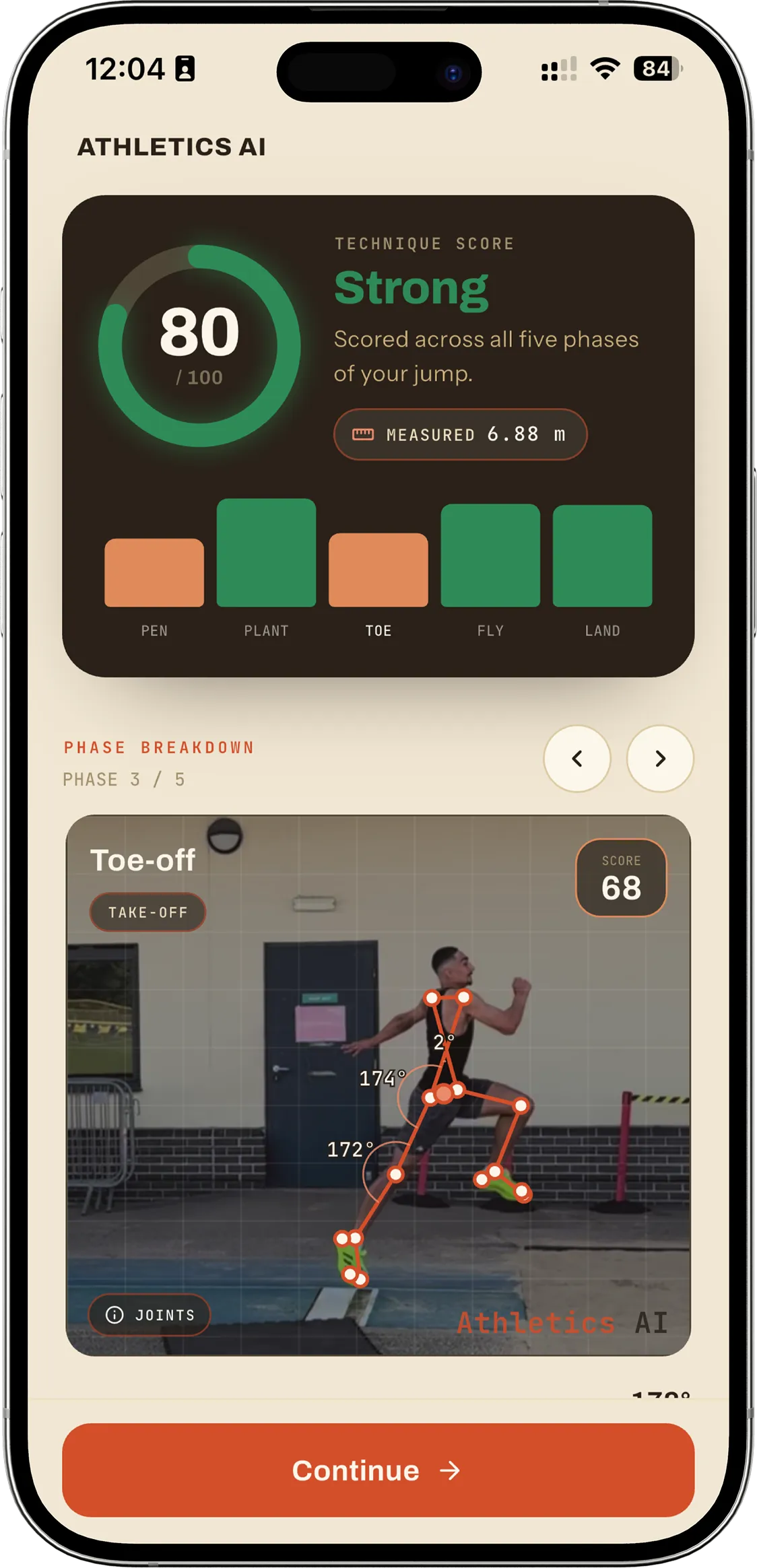 Athletics AI technique score of 80 out of 100, with all five phases of the jump scored separately.